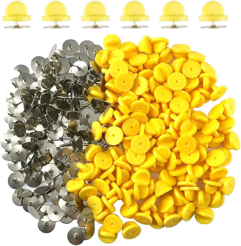 Ruidee 200 Pieces/100 Set Rubber Pin Backs with Tie Tacks Blank Pins, PVC Rubber Pin Back for Uniform Badges Backing Holder Clasp Lapel Pin（Yellow） - Image 1